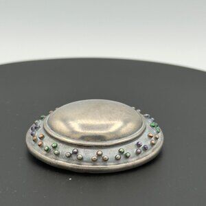 Vintage Liz Claiborne Oval Brooch Pin With Multi-Color Beaded Border Silver-Tone